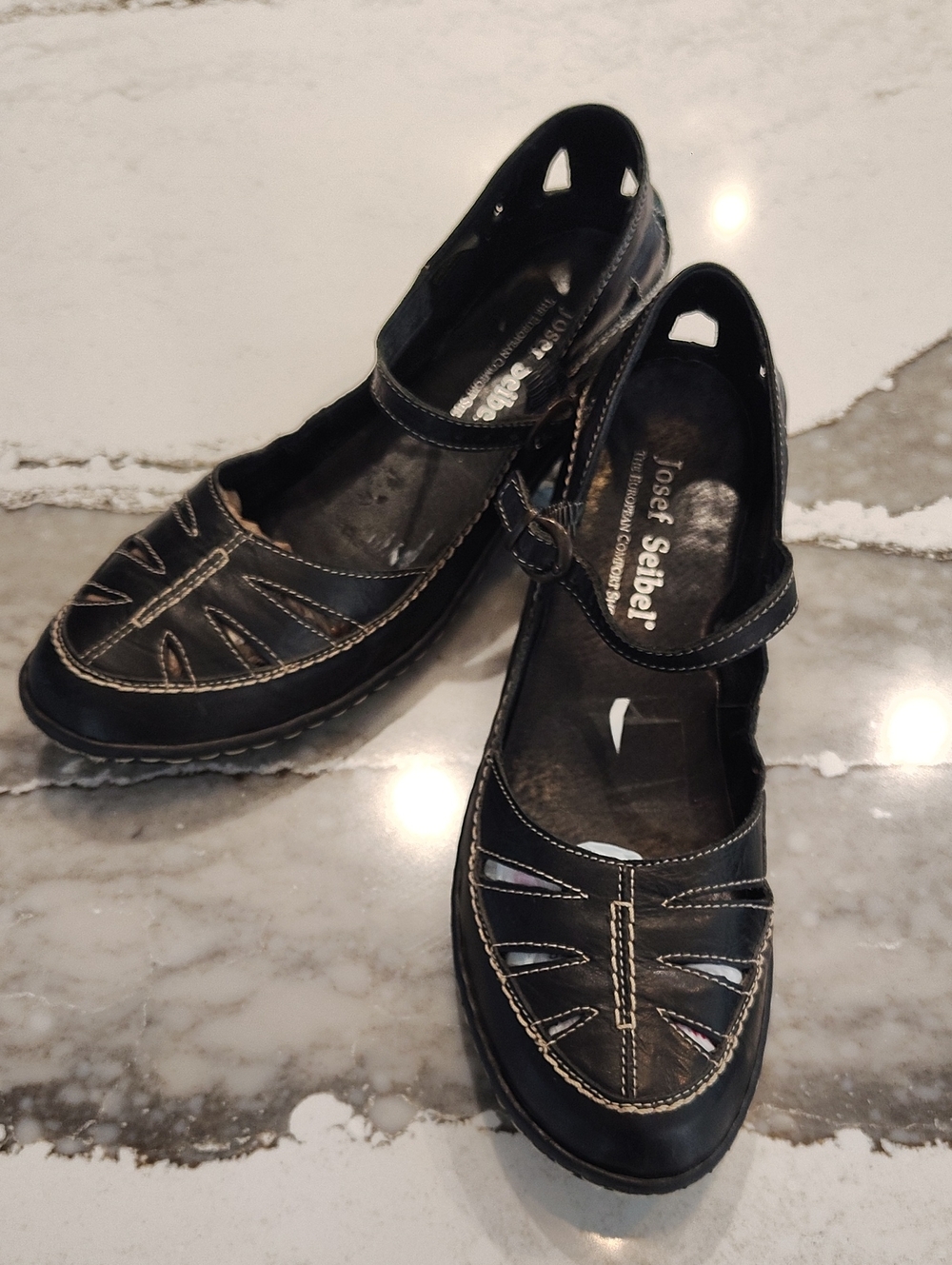 Josef Seibel Black Leather Mary Jane Loafers with Contrast Stitching